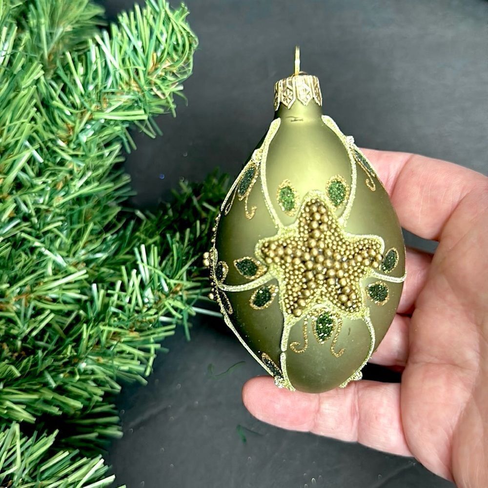 Department 56 Poland Glass Christmas Tree Ornament Olive Green Beaded